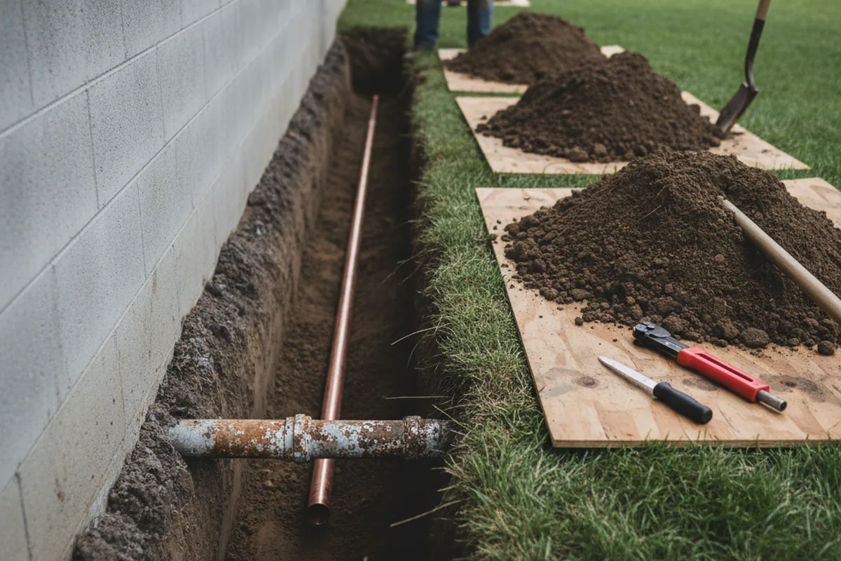 Excavated water line trench during Water Heater Repair in Gardendale